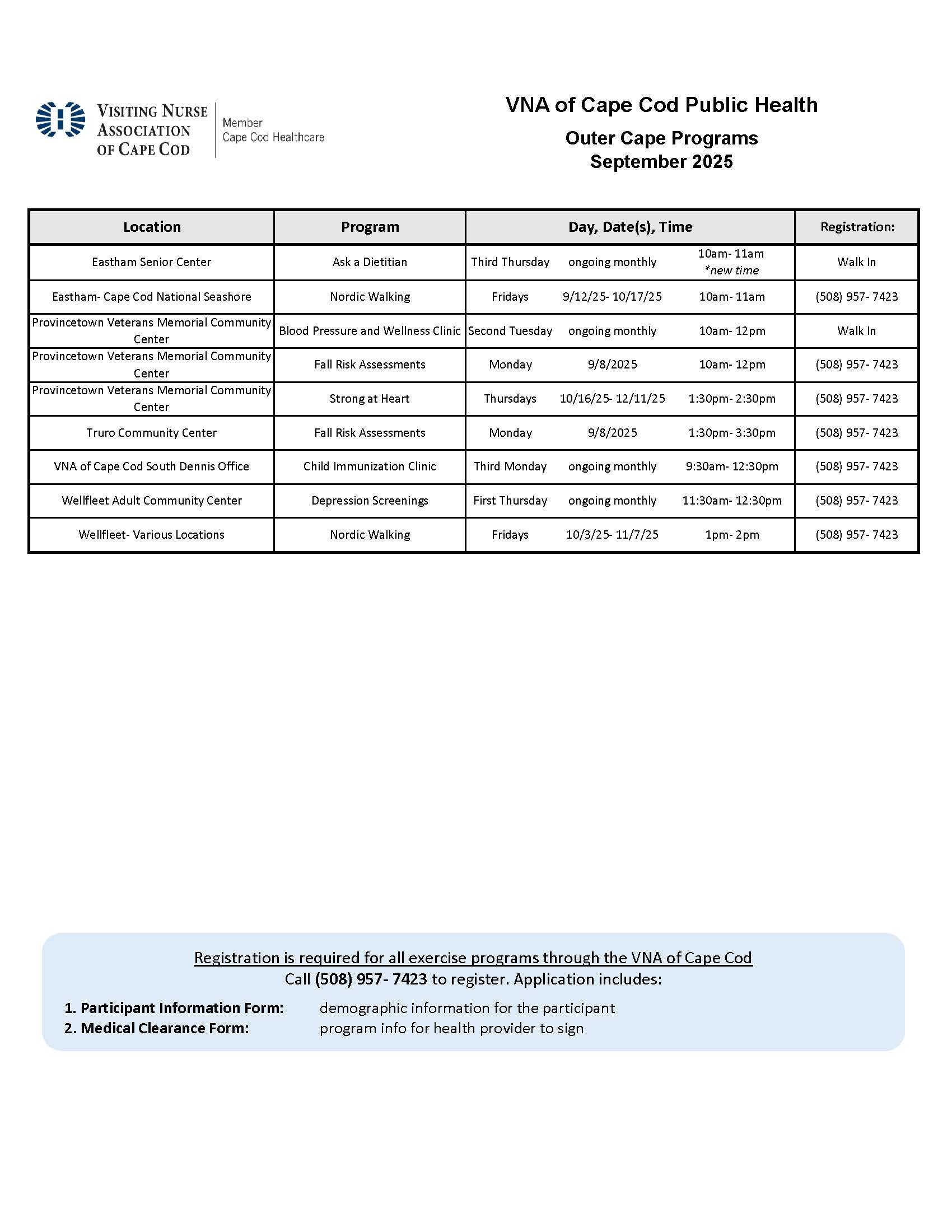 Outer Cape Visiting Nurse Association Program Schedule 2025 