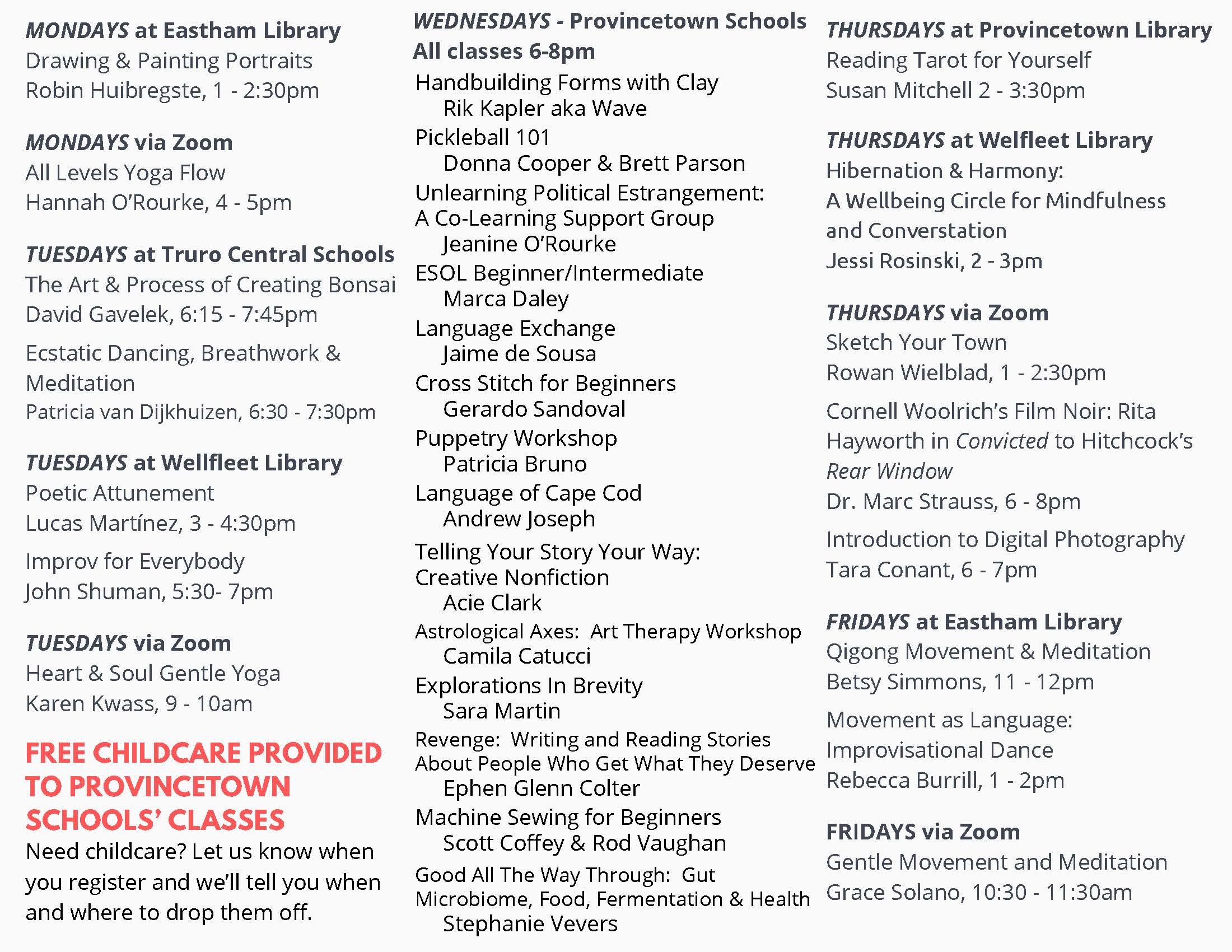 2025 Winter Wednesdays Class Offerings 